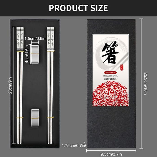Metal Chopsticks Reusable 2 Pairs: Stainless Steel Chopstick with Two Holders Set ,Dishwasher Safe,Non-Slip,Gift Box Packaging,Laser Engraved,Japanese Chinese Korean Chop Sticks for Cooking Eating