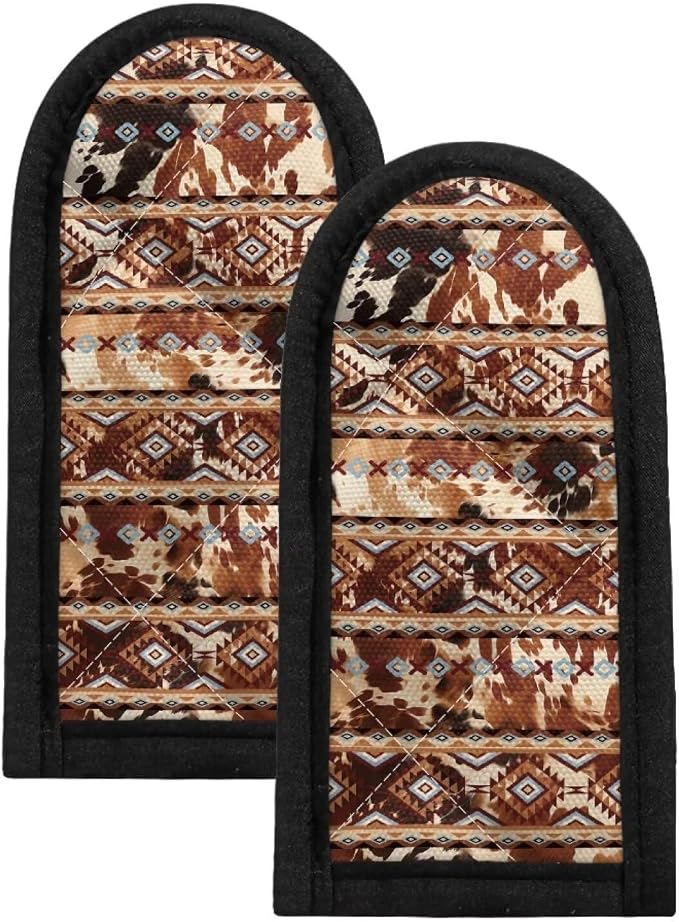 Coldinair 2 Pieces Hot Handle Covers Brown Cow Aztec Pot Sleeve Grip Sleeves Heat Resistant Cast Iron Skillet Handle Covers for Women Men Non-Slip Handle Mitts for Kitchen Baking Cooking BBQ Cookwares