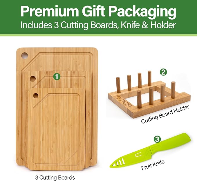 Bamboo Cutting Board Set, 3-Piece Cutting Board with Stand & Hanging Hole | Chopping Board for Kitchen with Juice Groove, Serving Board, Ideal for Meat, Vegetables and Cheese