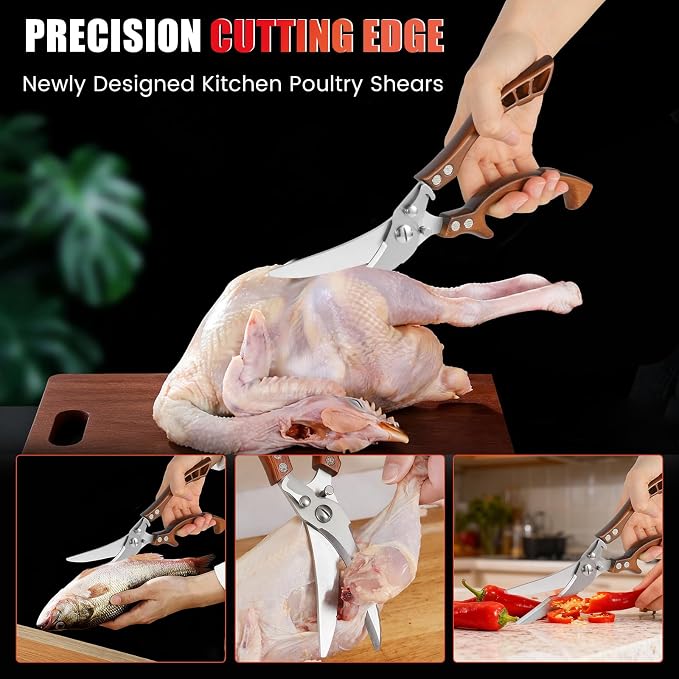 ANDONG Kitchen Scissors, Heavy Duty Professional Poultry Shears, Stainless Steel Spring Loaded, Dishwasher Safe, with Black Leather Sheath