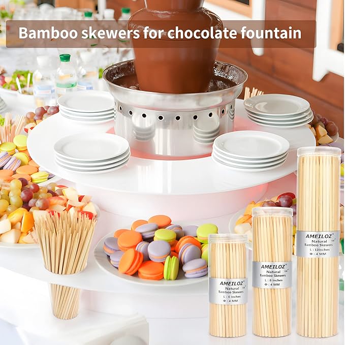 6" Bamboo Wood Skewers for BBQ, Kabob, Appetizer, Fruit, Sausage, Chocolate Fountain, Natural Wooden Barbecue Kebob Skewer Stick, Organic Food Sticks for Grilling, Kitchen (Φ=4mm Thick, 100PCS)