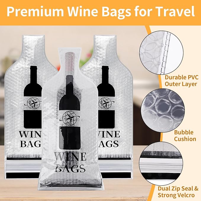 3 Pack Wine Bottle Travel Bags 19x7 Inch Leak Proof for Airplane Cruise | Protector bags with PVC shell and cushioned inner layer, triple seal with double zip lock