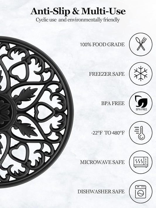 SMARTAKE 6 Set Silicone Trivet Mats, Multi-Use Intricately Carved Coasters, Insulated Non-Slip Durable Kitchen Mats, Flexible Modern Kitchen Table Mat, for Hot Dishes, Pots, Countertop (Black)