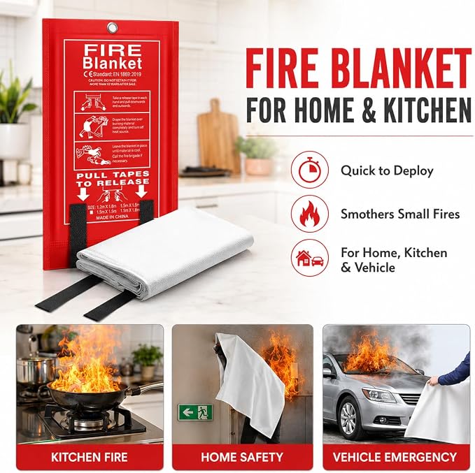 FLASLD 4 Pack Fire Blanket for Home and Kitchen, 40x40 Inch Fiberglass Fire Blankets Emergency for People, Fire Suppression Blankets for School Fireplace Grill Car Office Garage Welding Warehouse