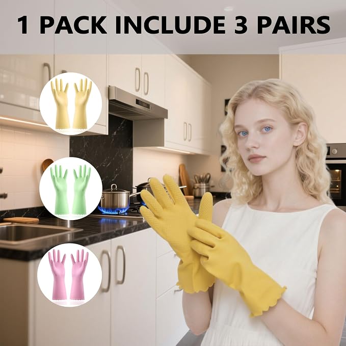 KINGFINGER 3 Pairs PVC Kitchen Gloves, Colorful Reusable Dish Gloves for Cleaning Bathroom, Cute Dishwashing Glove