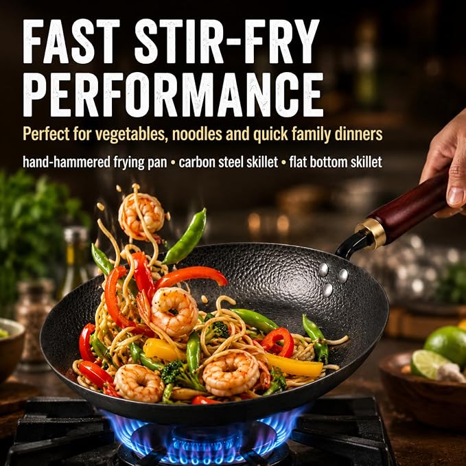 Calmabode 10.5" Hand Hammered Carbon Steel Skillet for Searing | Uncoated surface; removable handle for oven use, smoother food release with seasoning, and compatibility with all stovetops.