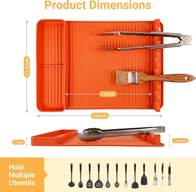 Silicone Grill Mat for Blackstone Griddles & Outdoor Grills - Heat Resistant (450°F) Countertop Protector, Non-Slip Tool Organizer & Grease Catcher, 16x11.5 Inch(Orange)