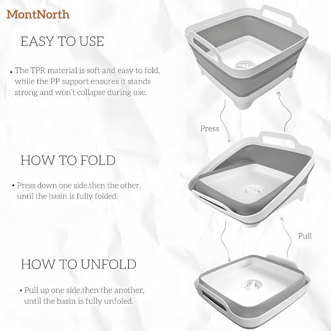 MontNorth Collapsible Wash Basin 9L, Foldable Dish Tub with Drain Plug, Portable Collapsible Dish Basin, Camping Sink for Washing Dishes, Laundry & Kitchen Use,Gray