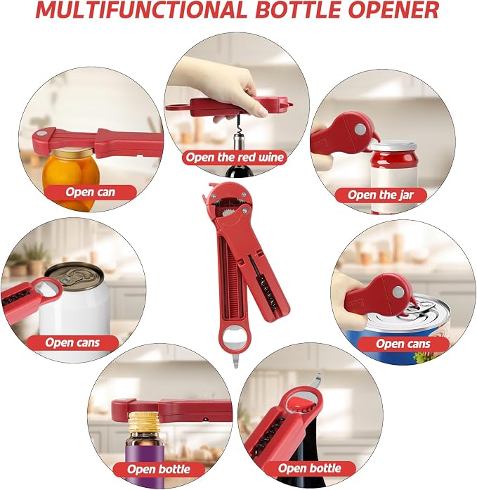 Jar Opener for Seniors with Arthritis, 7 in 1 Bottle Opener and Wine Corkscrew, Easy Grip Kitchen Gadget for Weak Hands Elderly, Retractable Jaw Lid Opener with Magnetic Storage (Red)