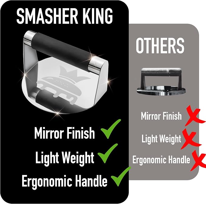 SMASHER KING™ - Mirror Polished Stainless Steel Smash Burger Press | Hamburger Smasher Tool for Griddle Cooking - Heat Resistant Handle Grill Press and Meat Weight - Burger Patty Maker