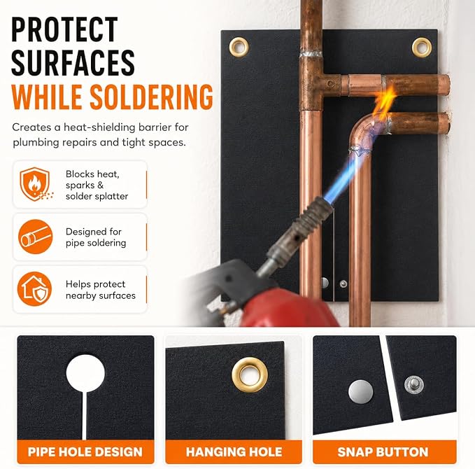 Welding Blanket Fireproof, 12x12inch Soldering Heat Shield Mat for Torch, Flame Protector, Soldering Repairs with Hole for Pipe Soldering, 2pack Welding Pad for Plumbing