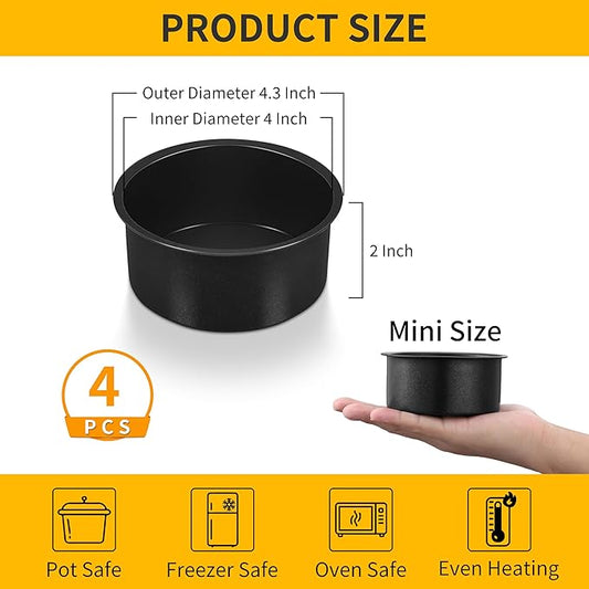 P&P CHEF Non-stick Cake Pan Set of 4, 4 Inch Round Baking Cake Pans Tins for Tier Smash Cakes, Non-Toxic & Solid, Stainless Steel Core & Leak-Proof, 4Pcs