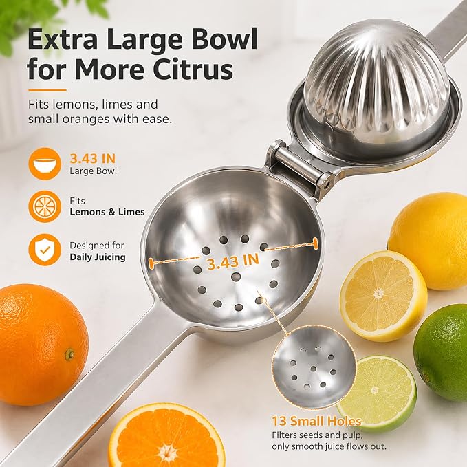 Ex-Large Lemon Squeezer, Stainless Steel Lime Citrus Juicer Hand Press | 3.43IN Extra Large Heavy Duty Handhelp Juice Squeezer For Lemon, Citrus, Orange, Perfect For Kitchen & Bar Tools