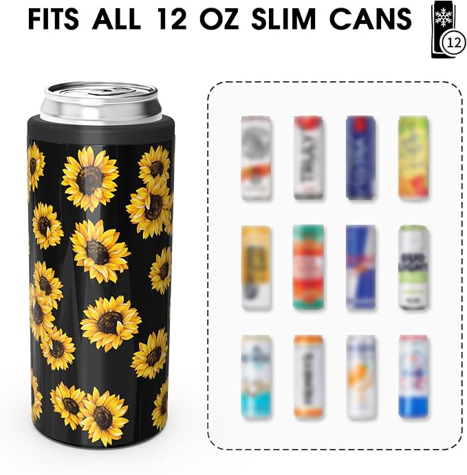 TILUCK Skinny Can Cooler, Stainless Steel Insulated Slim Cans, 12 oz | Beer & Hard Seltzer, Doucle-Walled Stainless Steel Insulated Slim Cans, Slim 12 oz(Sunflower)