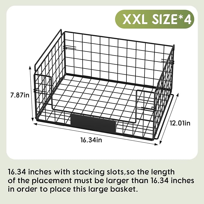 JKsmart 4 Pack XXL Stackable Wire Baskets for Pantry Organizers and Storage | Vegetable and Fruit Basket with Name Plates & Handles, Kitchen Pantry Organizer for Snack Can Fruit Veggies