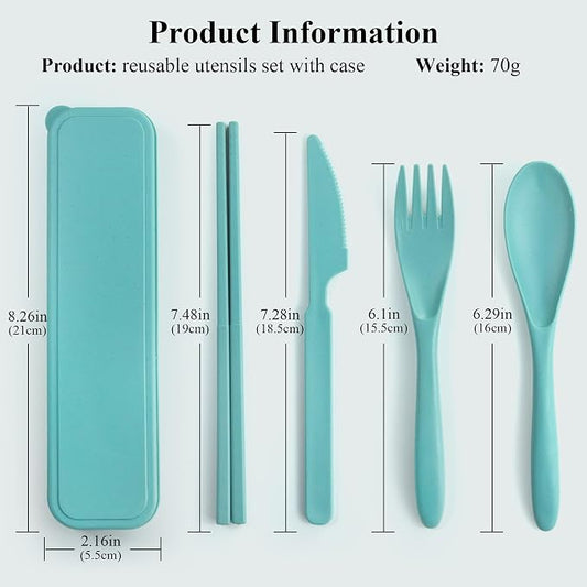 DISSKNIC Green Travel Utensils with Case, Reusable Utensil Sets for Lunch Box, Chopsticks Reusable Plastic Utensils Lunch Box Accessories for Adults,Portable Utensils Set with Case,Camping Accessories