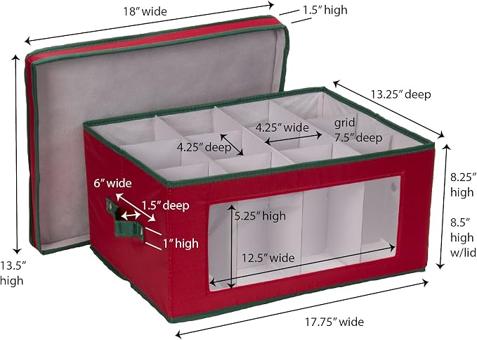 Household Essentials Holiday Wine Glass Storage Box in Strong Frame, Handles, Windowed Panel and 12 Compartments, Red with Green Trim