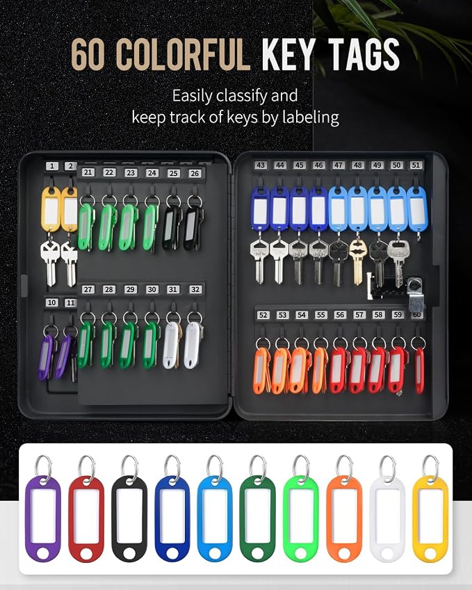 Uniclife 60 Position Key Cabinet with Combination Lock Resettable Black Digital Security Storage Box Steel Key Organizer with Colorful Key Tag Labels Stickers and Hooks
