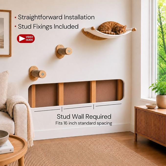 7 Ruby Road Alto Cat Wall Hammock Set — Wall Mounted Cat Shelves & Furniture with Climbing Steps for Large Cats, Holds 35 lbs, Indoor Climbing & Lounging, Replaceable Cushion