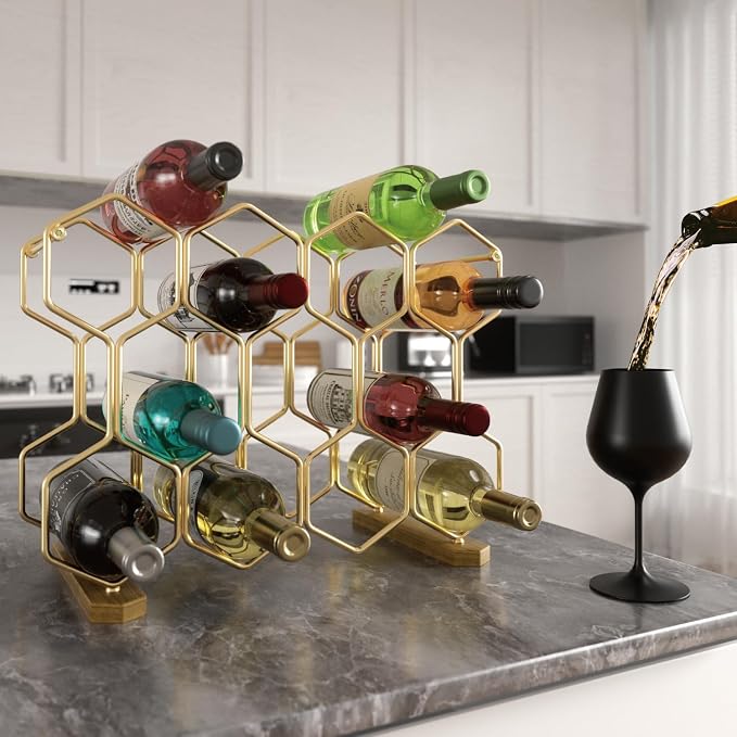 Buruis Countertop Wine Rack with Acacia Base, 14-Bottle Modern Freestanding Metal Holder for Red and White Wine, Tabletop, Kitchen, Bar, and Cabinet Storage (Gold)