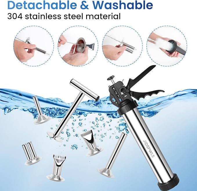 2.1 LB Professional 304 Stainless Steel Jerky Gun Kits, Sausage Stuffer, Jerky Maker, Jerky Shooter, Beef Jerky Making Gun with 5 Nozzles, 1 meat pusher and 5 Cleaning Brushes