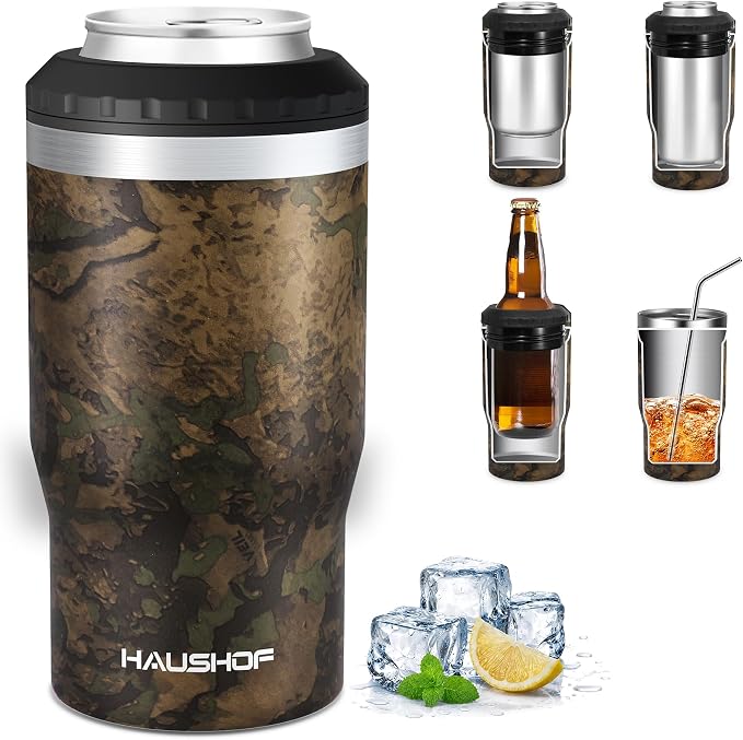 HAUSHOF 4-in-1 Insulated Can Cooler for 12oz Cans & Beer Bottle, Camo Green | Double-Wall Vacuum Insulated, 18/8 Stainless Steel, BPA-Free Lid, Slim Can Cooler for Camping, Beach & Picnic