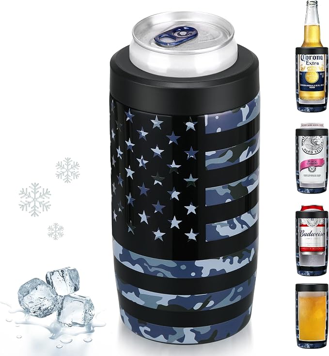 MAXSO Slim Can Cooler, 4-in-1 Double Walled Stainless Steel Insulated Beer Can Holder, Works With All 12 Oz Cans,Bottles & As A Pint Cups - Camo Flag