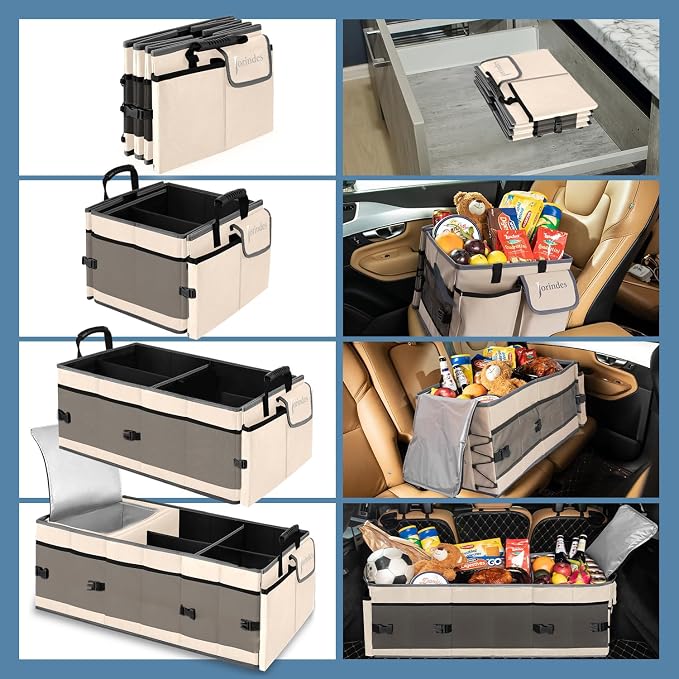 Trunk Organizer and Storage with Built-In Insulated Leak Proof Cooler Bag | Collapsible Cargo Organizer for SUV with Non Slip Strips, 3 Large Compartments Foldable Waterproof Portable Car Storage Box