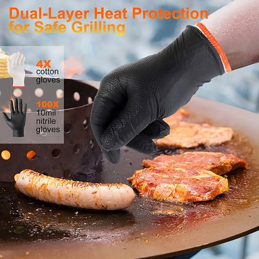 ANBOSON BBQ Gloves Disposable, Heat Resistant Grilling Gloves for Cooking | 10Mil Heavy Duty Nitrile Gloves-100Ct &4 Cotton Liners for Meat Handling Smoker for Hot Food Prep,Non-Slip Grip,XLarge,Black