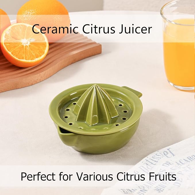 Ceramic Citrus Lemon Orange Juicer Manual Squeezer, Hand Juicer Reamer | Rotation Press with Strainer Lid, Spout, Handle, Dishwasher Safe, Easy to Clean