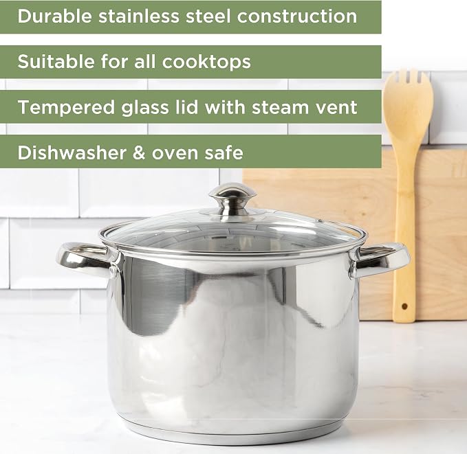 Ecolution Stainless Steel Stock Pot, Encapsulated Induction Ready Cooking Pot with Glass Lid, Oven Safe, Dishwasher Safe Soup Pot, 8-Quart
