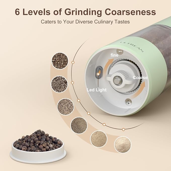 Ultrean Pepper Grinder, Rechargeable Salt and Pepper Grinder with 6 Adjustable Coarseness, LED Light, One-Hand Automatic Operation, Green