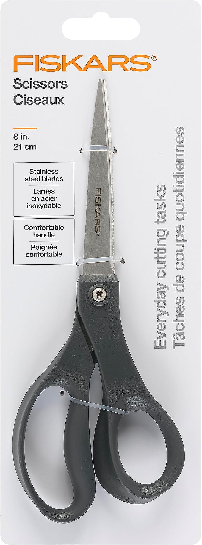 Fiskars 8" Everyday Stainless Steel All Purpose Scissors, Grey | Home & Office Scissors for Paper, Cardboard & Photos, Durable Stainless Steel Blades, Ergonomic Handles for Daily Tasks
