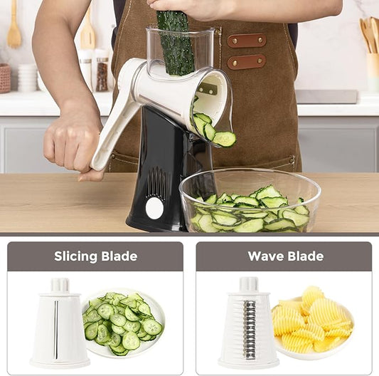 X Home 5-in-1 Rotary Cheese Grater for Kitchen, Upgraded Hand Crank Shredder with Stronger Suction Base & Multifunctional Drum Blades, for Cheese, Vegetables and Nuts, Easy to Use and Clean, Black