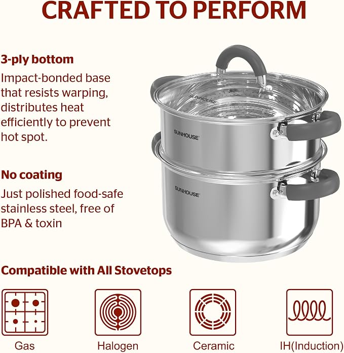 Sunhouse: 3 Quart Stainless Steel Steamer Pot - 2-Tier Cookware, Tempered Glass Lid, Stay-Cool Silicone Handles, 3-Ply Bottom, Dishwasher & Oven Safe | Steaming Pot with Glass Lid & Steamer Basket - 2 Tier Tri-ply Stovetop Steamer For Vegetable, Veggie...