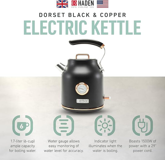 Haden Dorset 1.7 Liter Stainless Steel Electric Kettle, Hot Water Kettle with 360-Degree Base and Auto Shutoff, Black & Copper