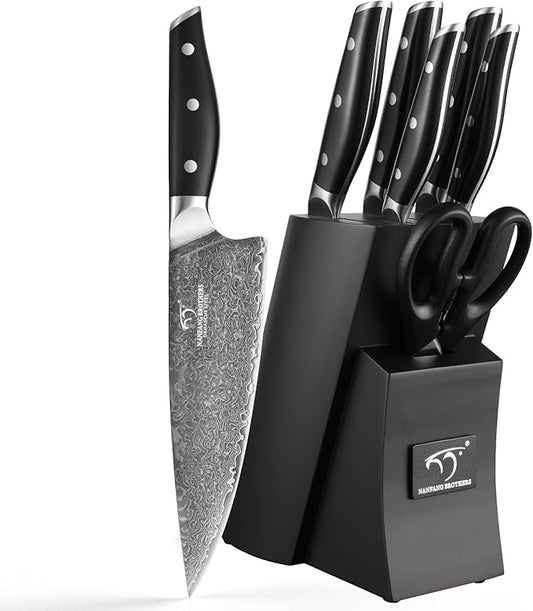 Damascus Knife Set with Block for Kitchen, VG10 Damascus Steel Kitchen Knife Set with Triple Rivet Handle, Chef Knife Set with Shears & Wooden Block, 7PCS