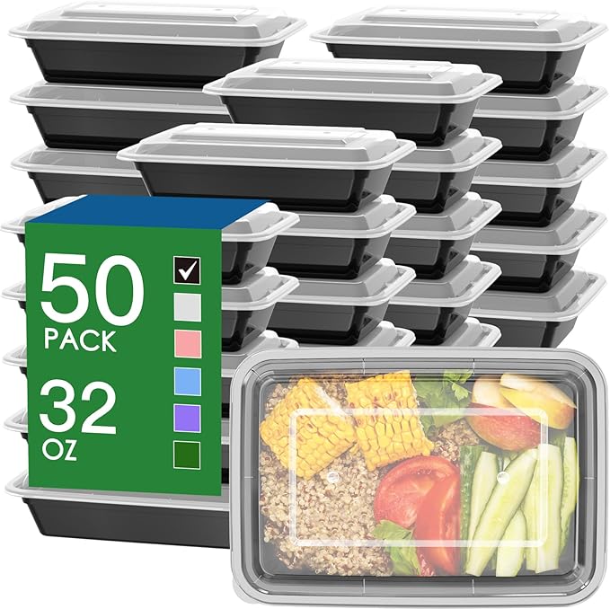 50 Pack (100-Piece) 32 oz Meal Prep Containers with Easy Open Lids, Black | Sturdy Leakproof & Food Safe, Microwave, Freezer, Dishwasher Safe Prep Containers, To Go Take Out Plastic Food Storage