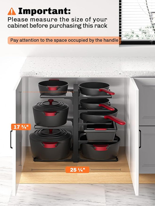 MUDEELA 8-Tier Heavy Duty Pots and Pans Organizer under Cabinet, Black | Adjustable 15.83" H pot rack, pan organizer Holds big stockpots, Cast Iron Skillet and cookware for use inside cabinets