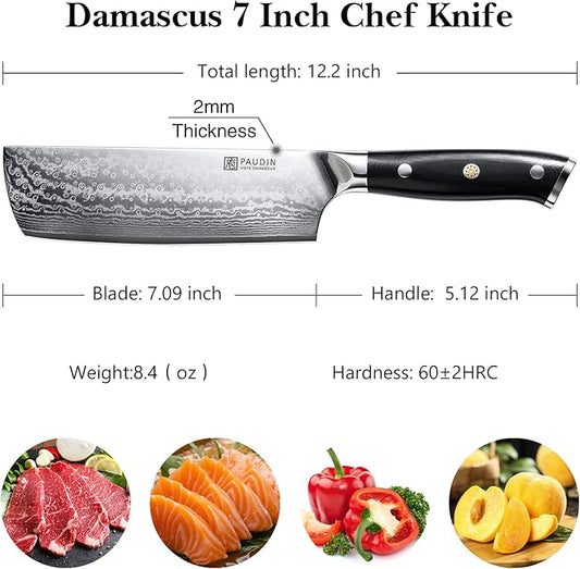PAUDIN Nakiri Knife 7'', Damascus Chef Knife, Japanese VG-10 Stainless Steel, Kitchen Knife with G10 Full Tang Handle, Razor Sharp 67-Layer Forged Blade
