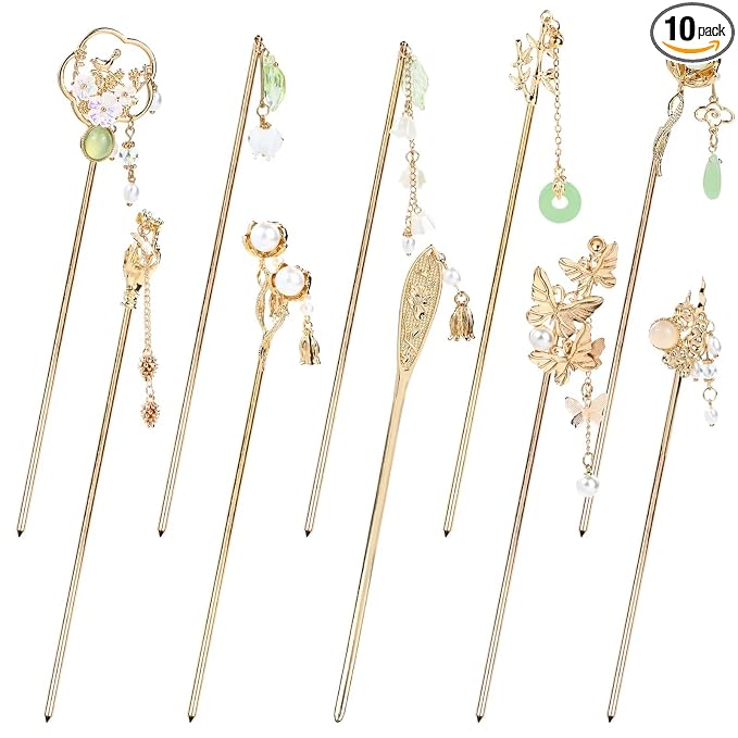 Cinaci 10 Pieces Decorative Vintage Retro Pearl Gold Metal Hair Sticks Pins with Pendants Chinese Hanfu Asian Flower Butterfly Hair Chopsticks Hair Bun Updo Holders Long Hairpins for Women Girls