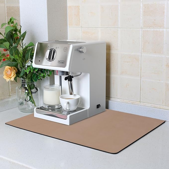 ZLR Coffee Bar Mat for Espresso Machine, 12"x20" Medium, Brown | Absorbent Dish Drying Mat, Stain-Hiding PU Top, Non-Slip Back, Fits Grinder, Knock Box, Tamper & Milk Frother