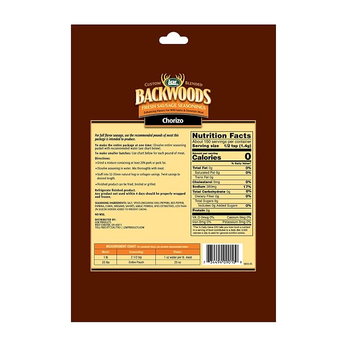 LEM Products Backwoods Chorizo Fresh Sausage Seasoning, 7.5 oz Packet | Pre-Measured Seasoning for Wild Game and Domestic Meat, Seasons Up to 25 Pounds of Meat for Homemade Sausages