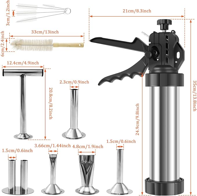 Large Capacity Jerky Gun Kit, Stainless Steel Beef Jerky Gun with 5 Nozzles, Sausage Stuffer and Jerky Maker, Includes Meat Pusher and Cleaning Brushes, Perfect for Homemade Jerky and Sausages