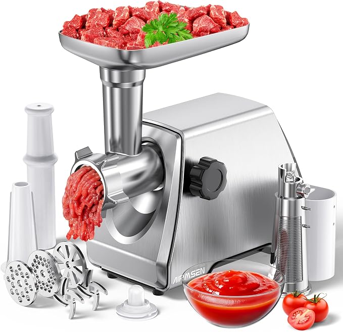 AIRMSEN Electric Meat Grinder & Tomato Sauce Press Maker with Strainer - Heavy Duty Food Mill Machine for Grinding Meat, Making Tomato Sauce, Sausage, Kibbeh for Home Kitchen Use