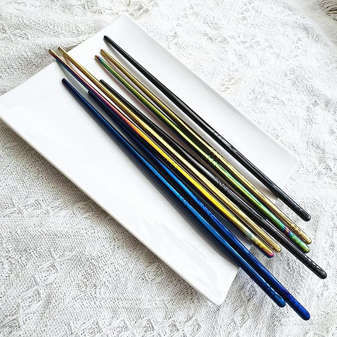 2Pairs Stainless Steel Chopsticks Set, Multicolor Metal Chopsticks Reusable, Sushi Food Sticks,Dishwasher Safe,9.0inch (Black)