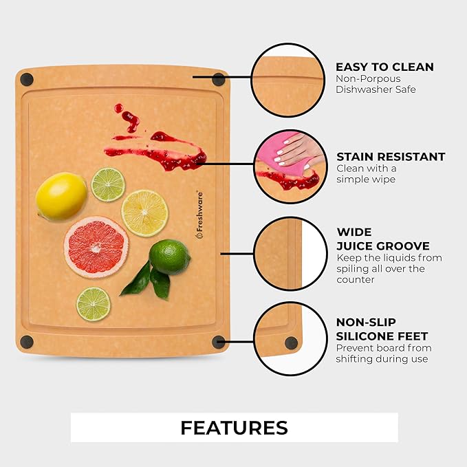 Freshware Wood Cutting Board for Kitchen, Juice Groove, Non-Slip Silicone Feet, Dishwasher Safe, Medium, 12" x 9", Natural