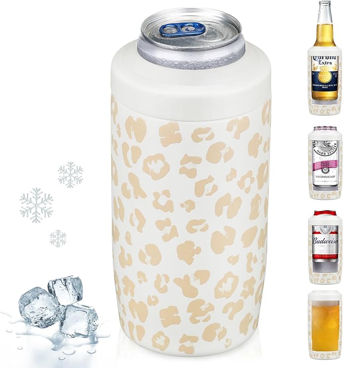 MAXSO Slim Can Cooler, 4-in-1 Double Walled Stainless Steel Insulated Beer Can Holder, Works With All 12 Oz Cans,Bottles & As A Pint Cups - Leopard