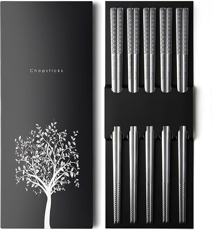IQCWOOD Laser Engraved 18/8 Stainless Steel Chopsticks, 5 Pairs Reusable Dishwasher Safe Metal Chopsticks, Non-Slip Square Japanese Korean Style Chop Sticks for Cooking Eating, 9 1/4 Inches Gift Set