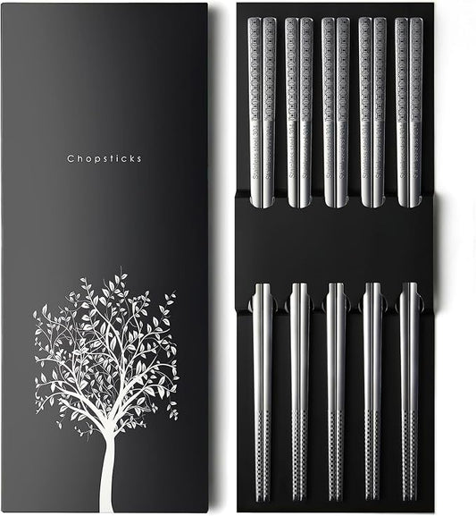 IQCWOOD Laser Engraved 18/8 Stainless Steel Chopsticks, 5 Pairs Reusable Dishwasher Safe Metal Chopsticks, Non-Slip Square Japanese Korean Style Chop Sticks for Cooking Eating, 9 1/4 Inches Gift Set